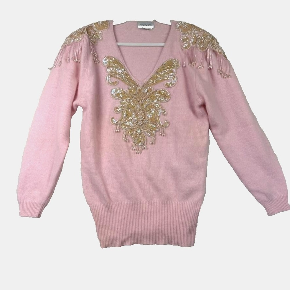 Vintage Simply‎ Tops Sweater Womens Small Pink V Neck Beaded Sequin Angora 80s